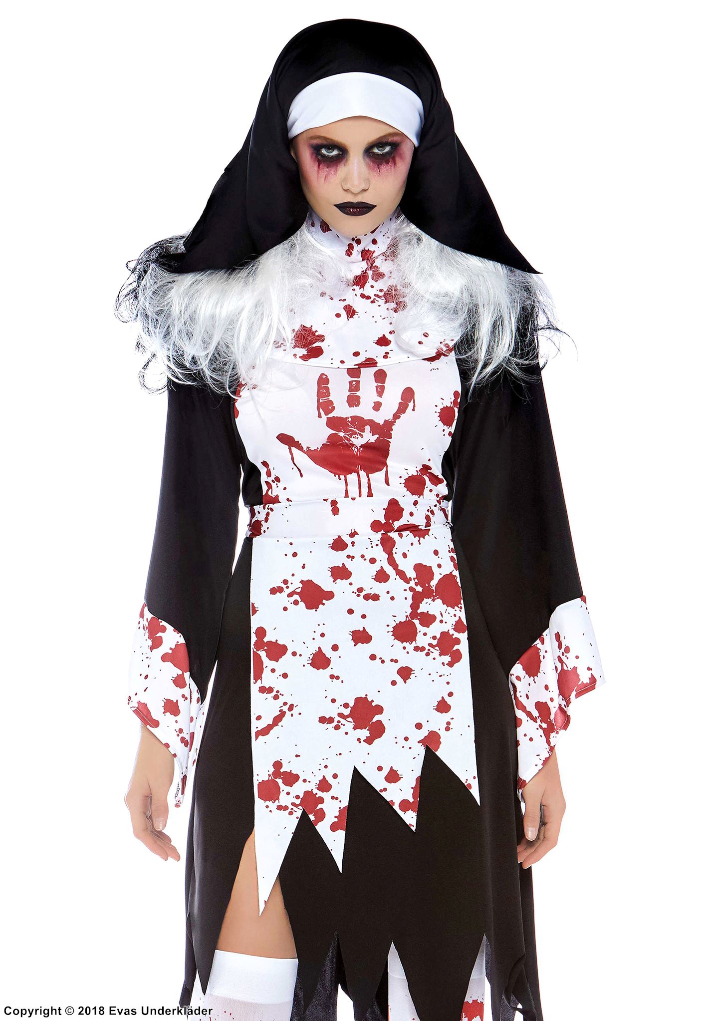 Scary nun, costume dress, tatters, blood splatter. 